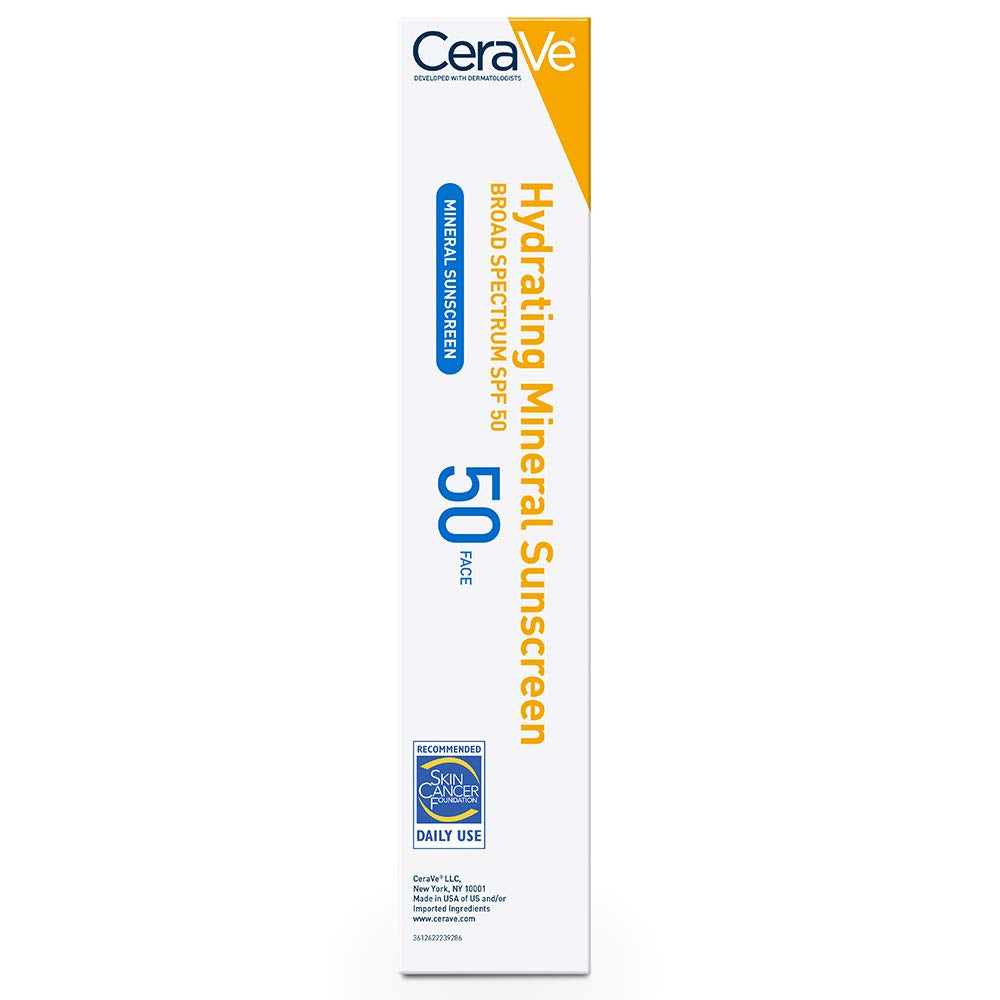 Cerave 100% Mineral Sunscreen SPF 50 | Face Sunscreen with Zinc Oxide & Titanium Dioxide | Hyaluronic Acid + Niacinamide + Ceramides | Oil Free Sunscreen for Face | Travel Size Sunscreen 2.5 Oz