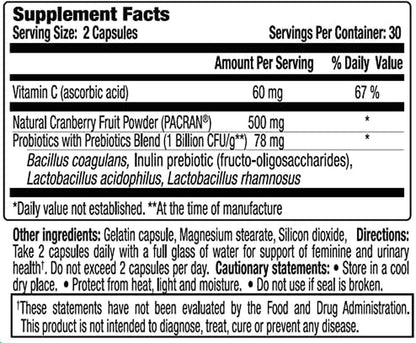 Vh Essentials Probiotics with Prebiotics and Cranberry Feminine Health Supplement - 60 Capsules