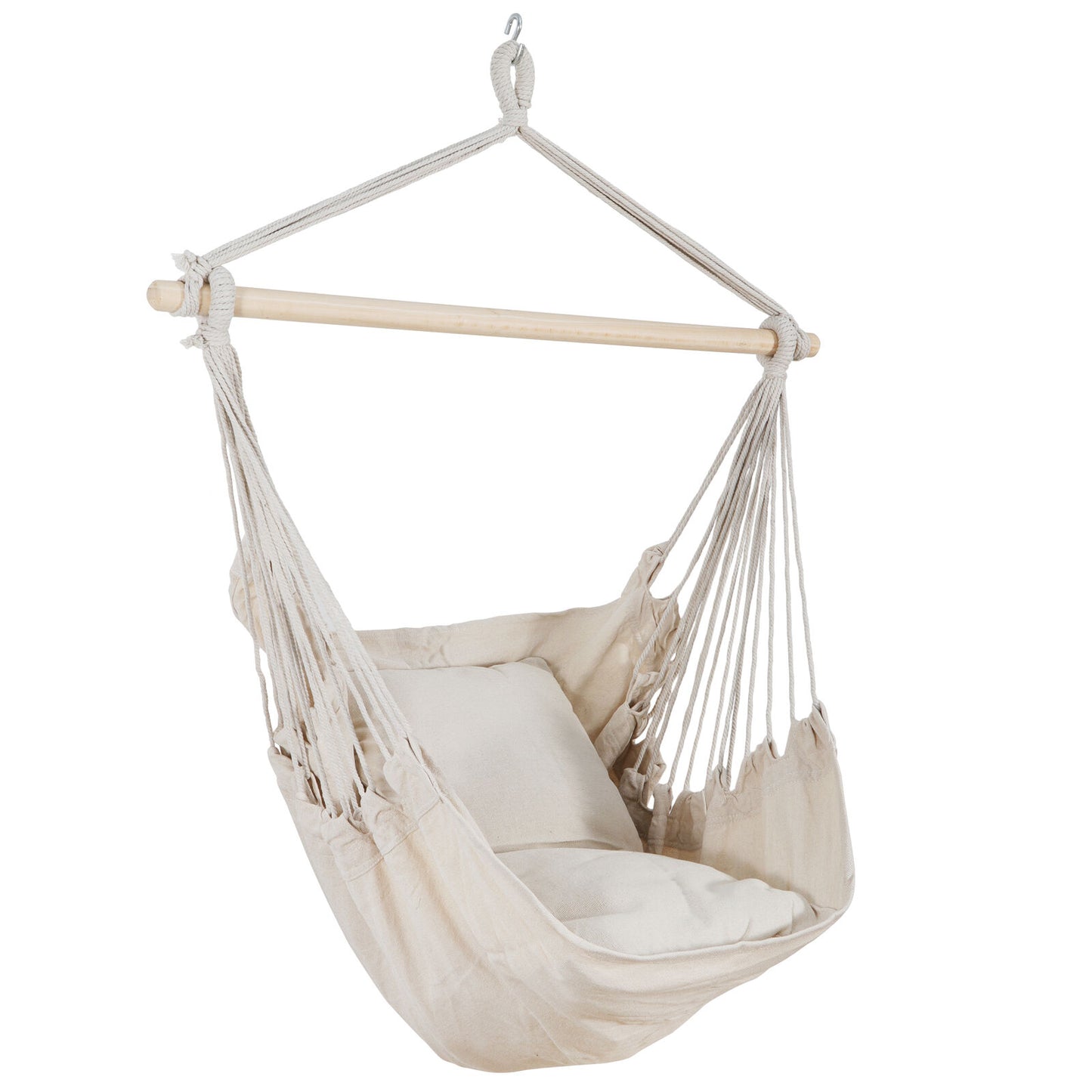 Beige Hammock Chair Swing Hanging Rope Net Chair Porch Patio with 2 Cushions