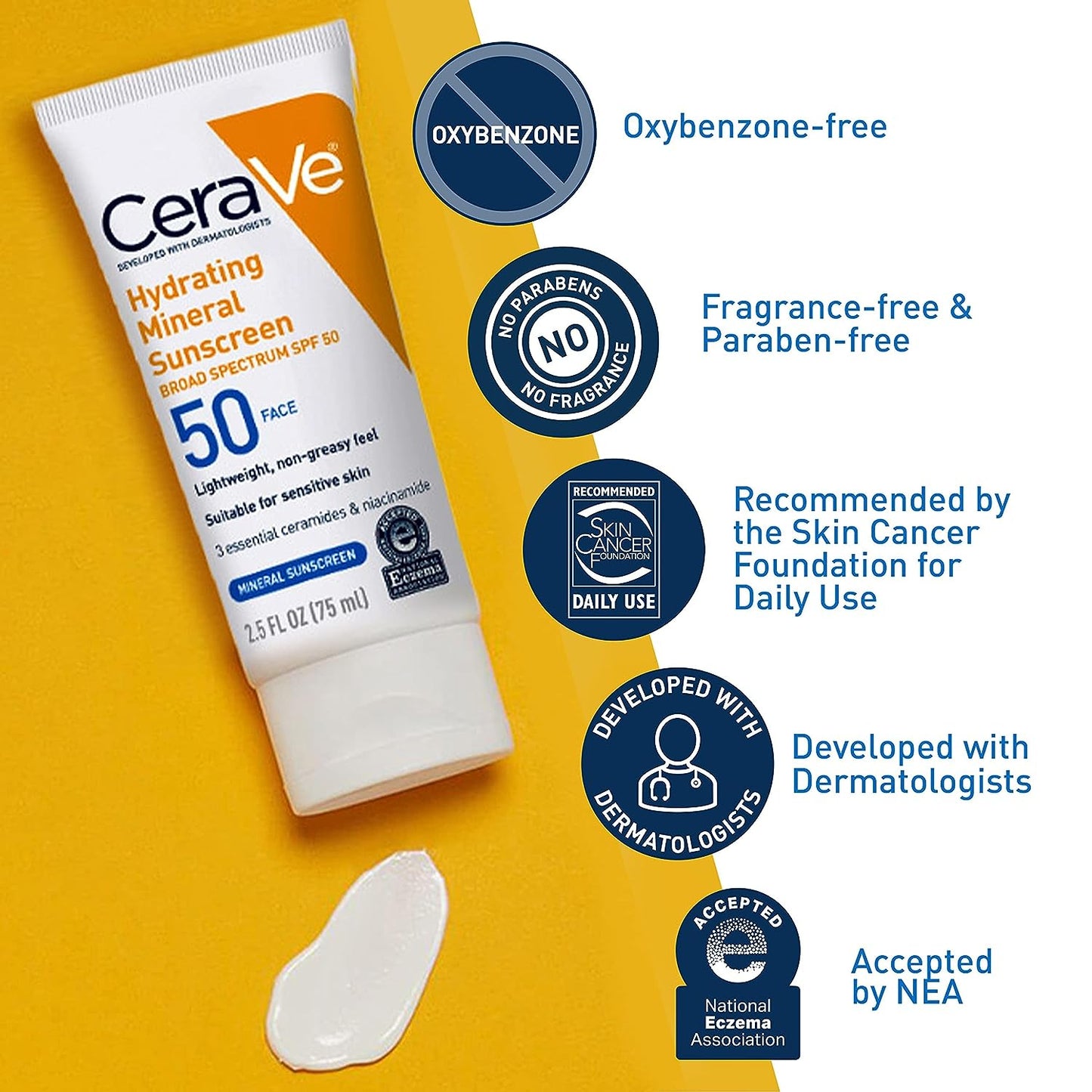 Cerave 100% Mineral Sunscreen SPF 50 | Face Sunscreen with Zinc Oxide & Titanium Dioxide | Hyaluronic Acid + Niacinamide + Ceramides | Oil Free Sunscreen for Face | Travel Size Sunscreen 2.5 Oz