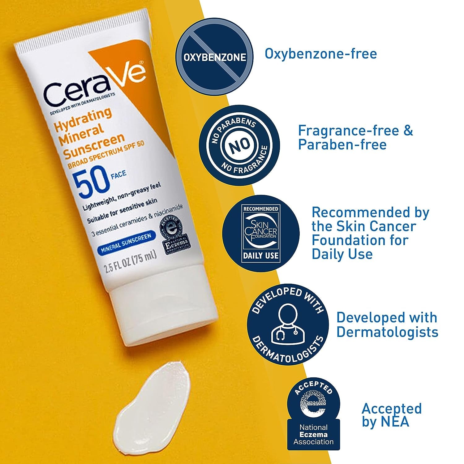 Cerave 100% Mineral Sunscreen SPF 50 | Face Sunscreen with Zinc Oxide & Titanium Dioxide | Hyaluronic Acid + Niacinamide + Ceramides | Oil Free Sunscreen for Face | Travel Size Sunscreen 2.5 Oz