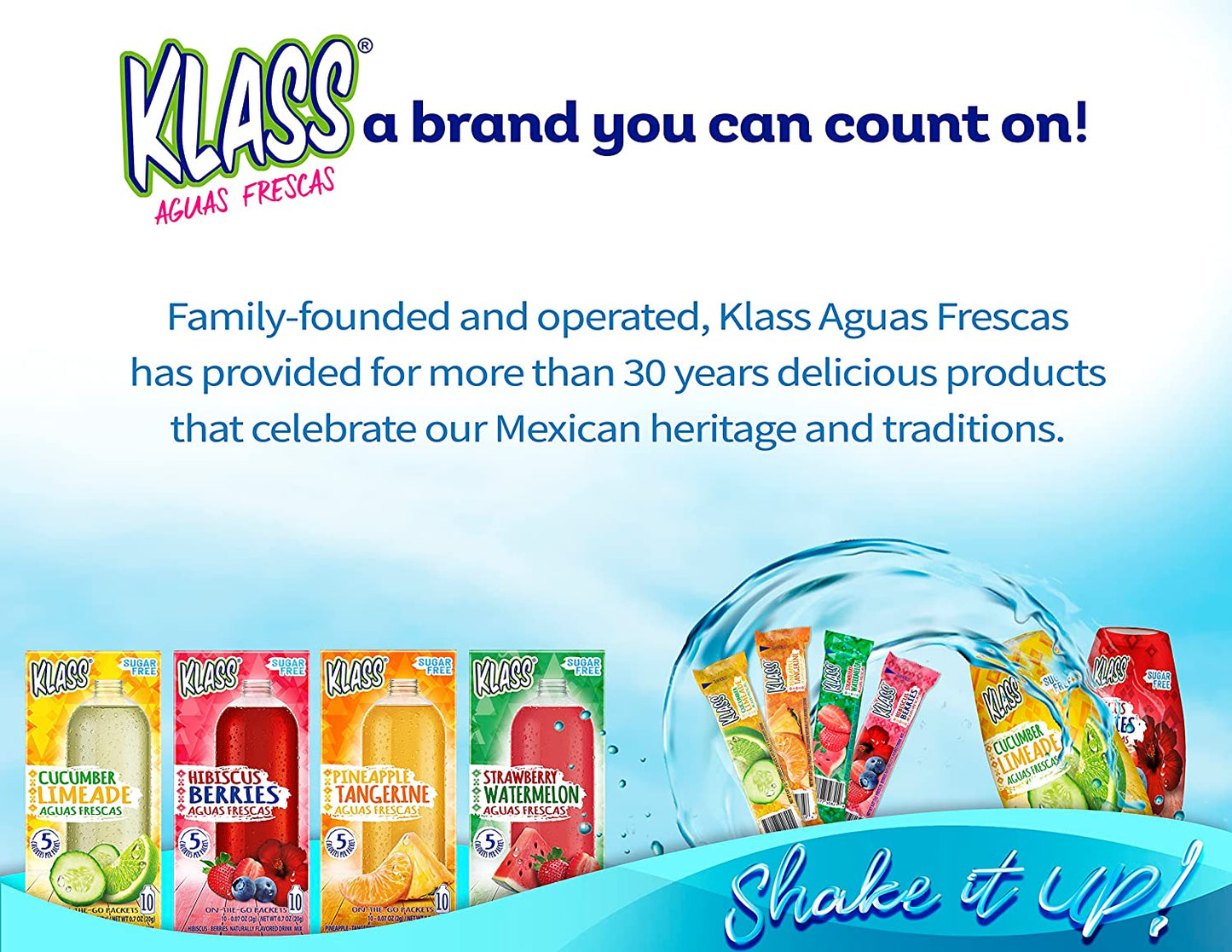 Klass Aguas Frescas Variety Pack, 1 Box of Cucumber Limeade, 1 Box Strawberry Watermelon, 1 Box Hibiscus Berries, 1 Box Pineapple Tangerine (40 Total on the Go Packets)