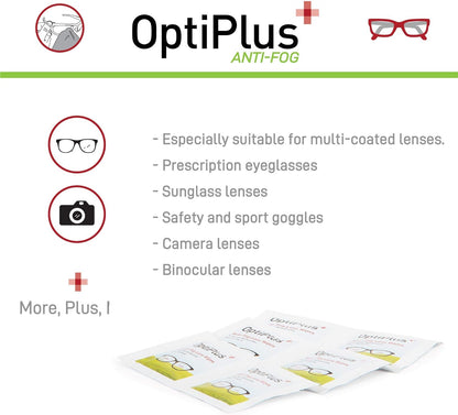 Optiplus anti Fog Pre-Moistened Cleaning Wipes for Glasses, Screens, Lenses - Quick-Dry, Scratch-Free, 100 Count