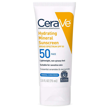 Cerave 100% Mineral Sunscreen SPF 50 | Face Sunscreen with Zinc Oxide & Titanium Dioxide | Hyaluronic Acid + Niacinamide + Ceramides | Oil Free Sunscreen for Face | Travel Size Sunscreen 2.5 Oz