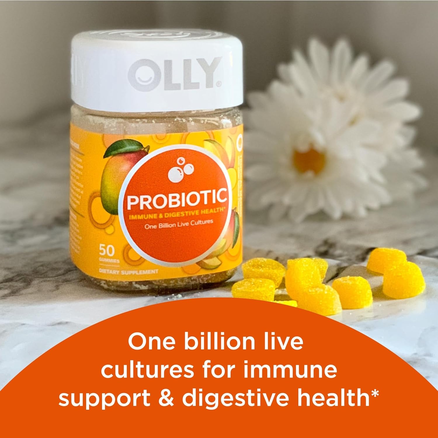 OLLY Probiotic Gummy, Immune and Digestive Support, 1 Billion Cfus, Chewable Probiotic Supplement, Mango, 25 Day Supply - 50 Count