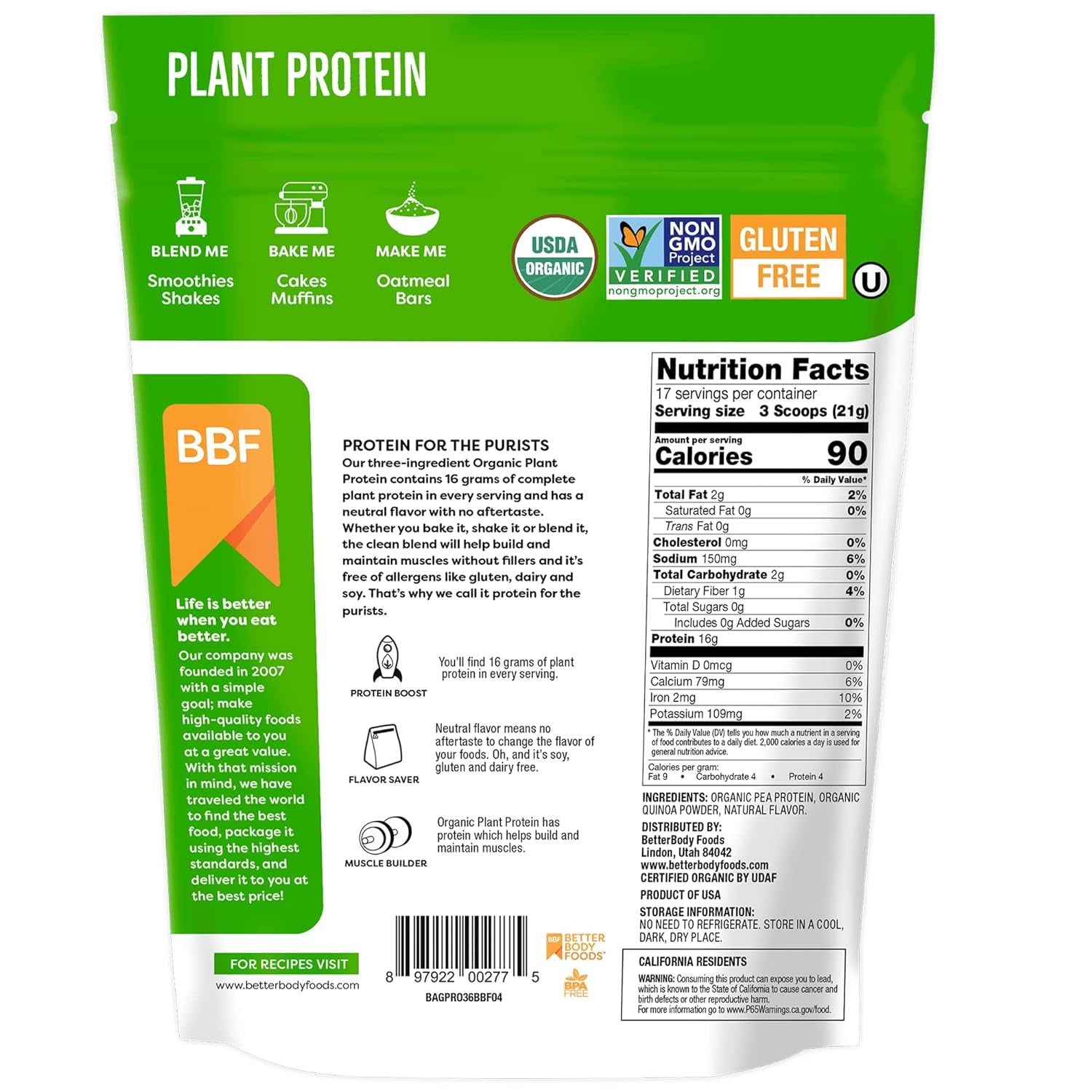 Betterbody Foods Organic Plant Based Protein Powder, - 16G of Protein, Vegan, Low Net Carbs, Gluten Free, Dairy Free, No Sugar Added, Soy Free, Non-Gmo, 12.7 Ounces