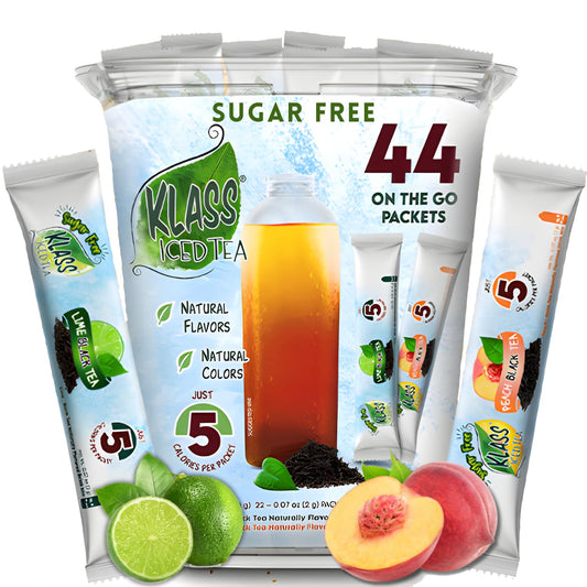 Iced Tea Drink Mix - Klass Sugar Free Variety Pack - Peach & Lime Black Tea On-The-Go! (44 Count Powder Stick Packs) 5 Calories per Packet