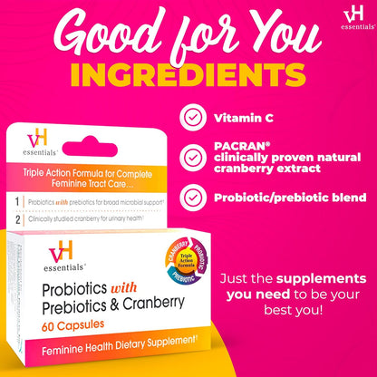 Vh Essentials Probiotics with Prebiotics and Cranberry Feminine Health Supplement - 60 Capsules