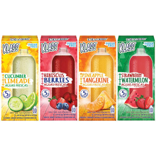 Klass Aguas Frescas Variety Pack, 1 Box of Cucumber Limeade, 1 Box Strawberry Watermelon, 1 Box Hibiscus Berries, 1 Box Pineapple Tangerine (40 Total on the Go Packets)