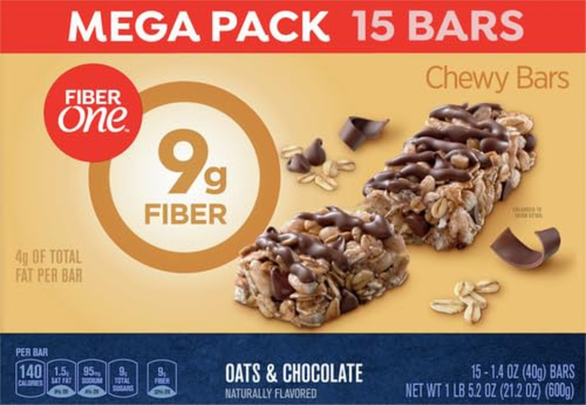 Fiber One Chewy Bars, Oats & Chocolate, Fiber Snacks, Mega Pack, 15 Ct