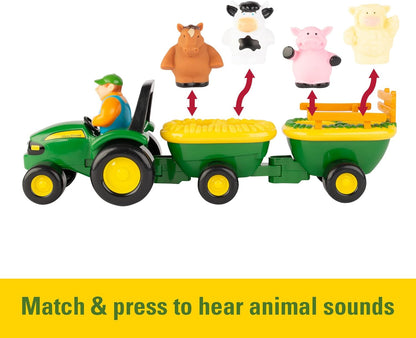 John Deere Animal Sounds Hayride Musical Tractor Toy - Musical Hayride Toddler Toys - Includes Farmer Figure, Tractor, and 4 Farm Animals - Easter Basket Stuffers for Toddler - Ages 12 Months and Up