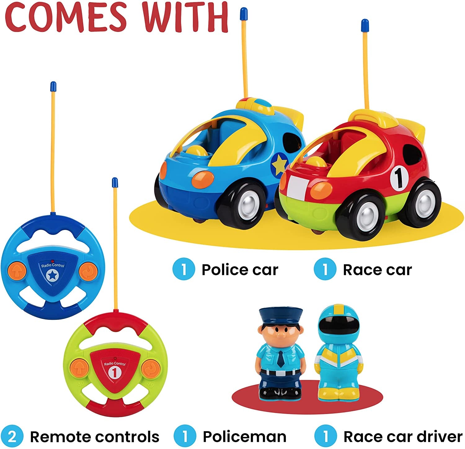 2 Pack Cartoon Remote Control Cars - Police Car and Race Car - Radio Control Toys for Kids, Boys & Girls - Each with Different Frequencies so Both Can Race Together - Gifts for Toddler Boys 18+ Months