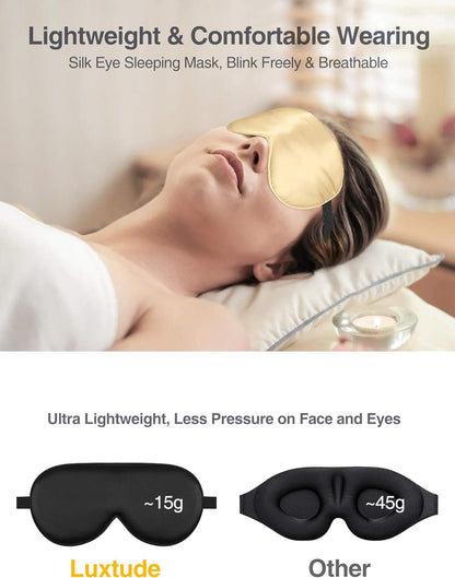 Luxtude 2 Pack Silk Eye Masks for Sleeping Blackout, Natural Mulberry Silk Sleep Masks, Organic Satin Sleeping Mask, Blindfold, Eyemask, Night Masks, Eye Covers, Eye Shades for Women Men, Black & Gold