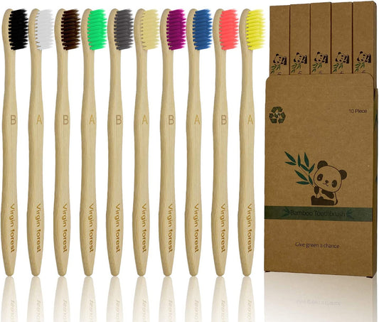 10 Pcs Soft Bristles Bamboo Toothbrush, Biodegradable Natural Bamboo Charcoal Toothbrushes, Eco Friendly Color Bristle Wood Tooth Brushes