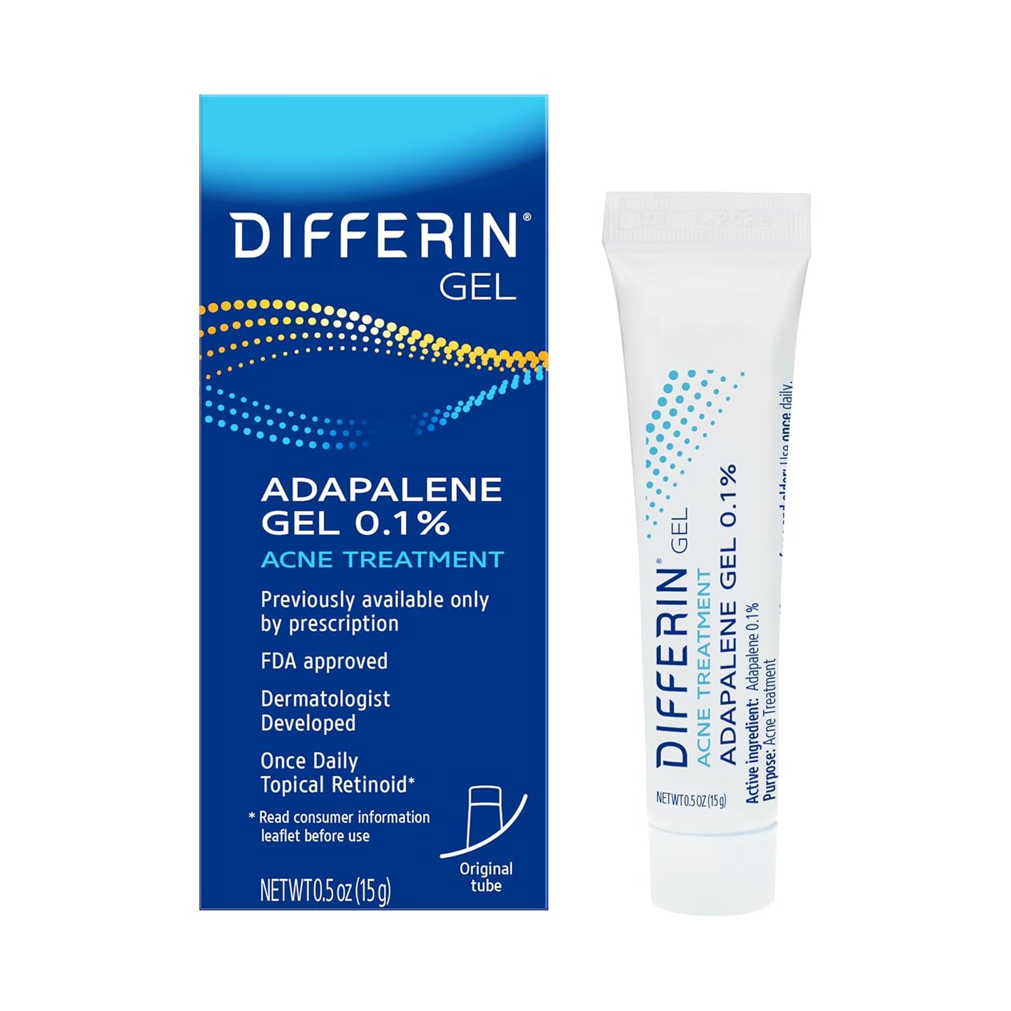 Differin Acne Treatment Gel, 30 Day Supply, Retinoid Treatment for Face with 0.1% Adapalene, Gentle Skin Care for Acne Prone Sensitive Skin, 15G Tube