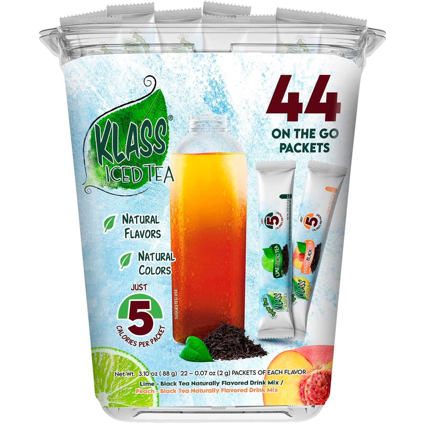 Iced Tea Drink Mix - Klass Sugar Free Variety Pack - Peach & Lime Black Tea On-The-Go! (44 Count Powder Stick Packs) 5 Calories per Packet