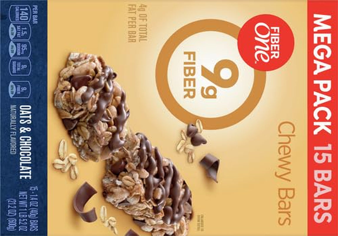 Fiber One Chewy Bars, Oats & Chocolate, Fiber Snacks, Mega Pack, 15 Ct