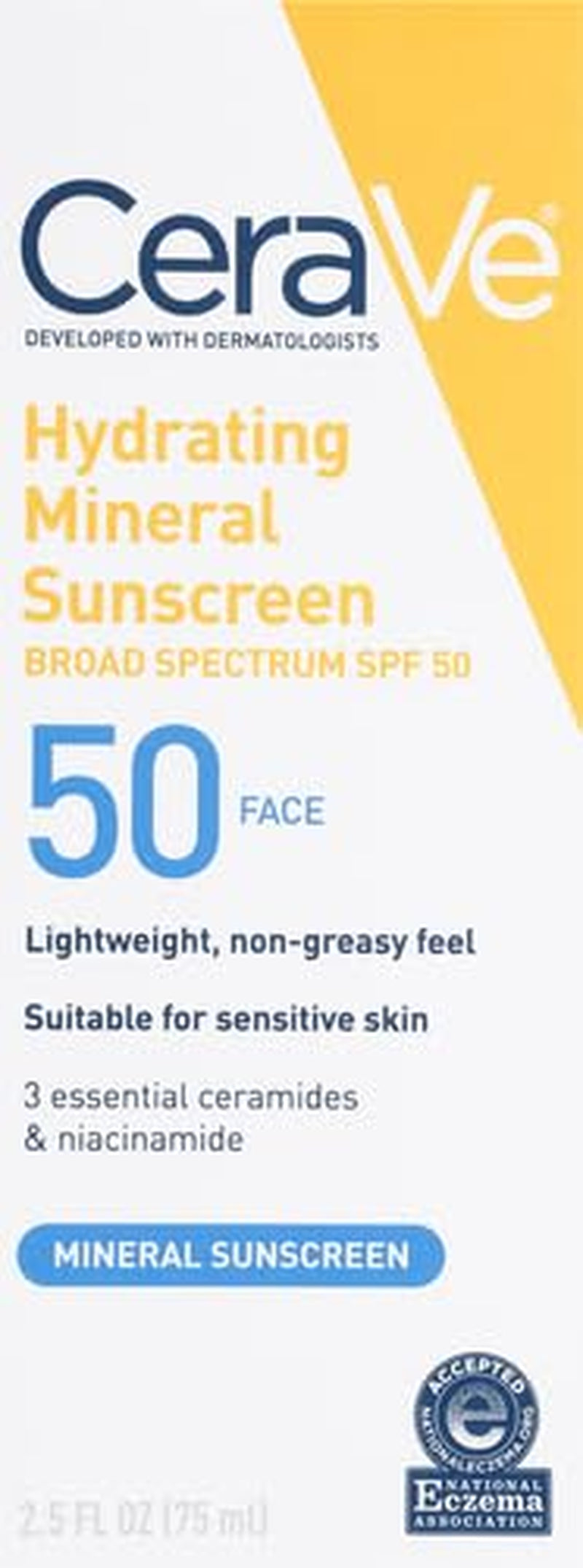 Cerave 100% Mineral Sunscreen SPF 50 | Face Sunscreen with Zinc Oxide & Titanium Dioxide | Hyaluronic Acid + Niacinamide + Ceramides | Oil Free Sunscreen for Face | Travel Size Sunscreen 2.5 Oz