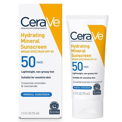 Cerave 100% Mineral Sunscreen SPF 50 | Face Sunscreen with Zinc Oxide & Titanium Dioxide | Hyaluronic Acid + Niacinamide + Ceramides | Oil Free Sunscreen for Face | Travel Size Sunscreen 2.5 Oz