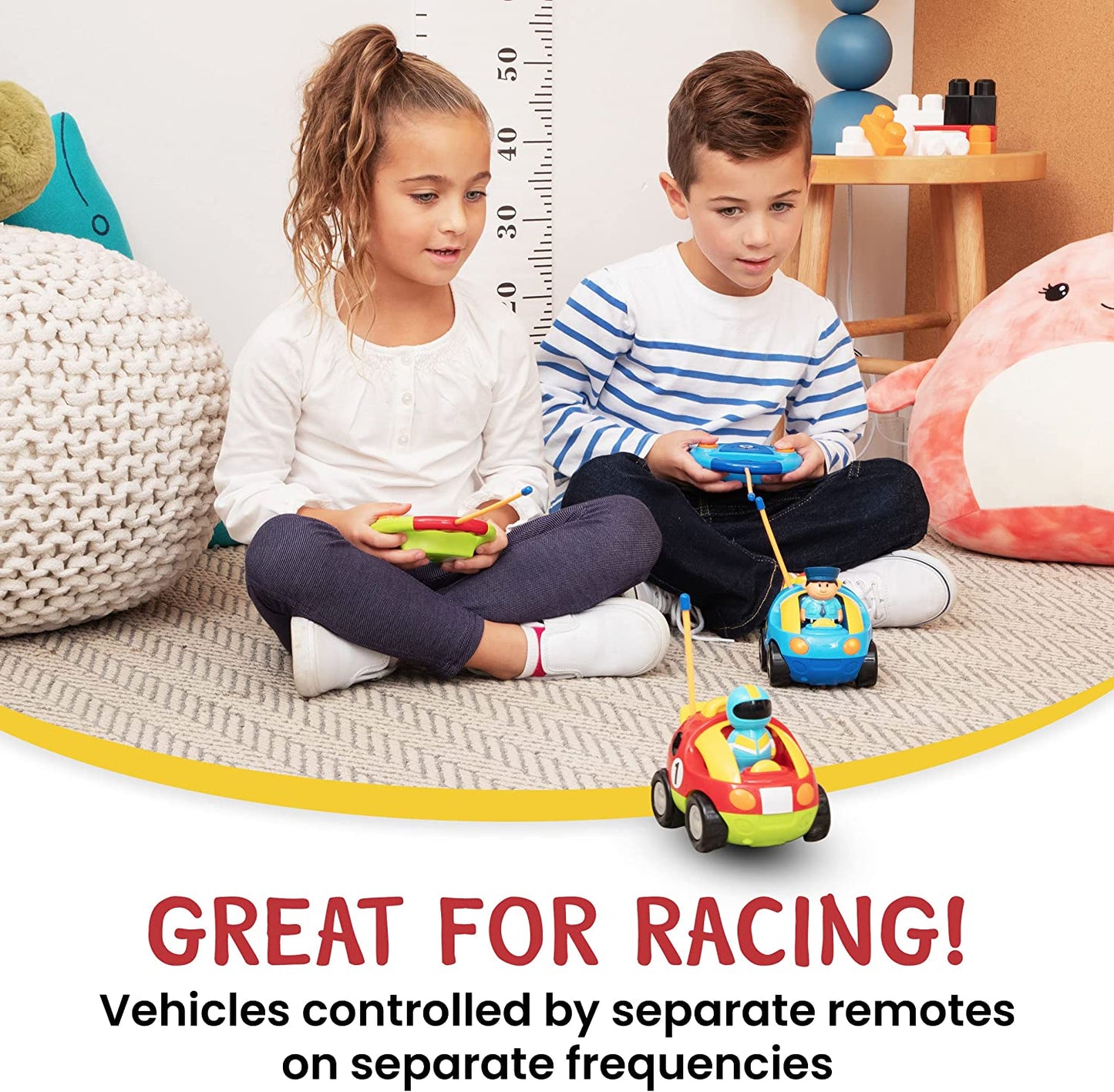 2 Pack Cartoon Remote Control Cars - Police Car and Race Car - Radio Control Toys for Kids, Boys & Girls - Each with Different Frequencies so Both Can Race Together - Gifts for Toddler Boys 18+ Months