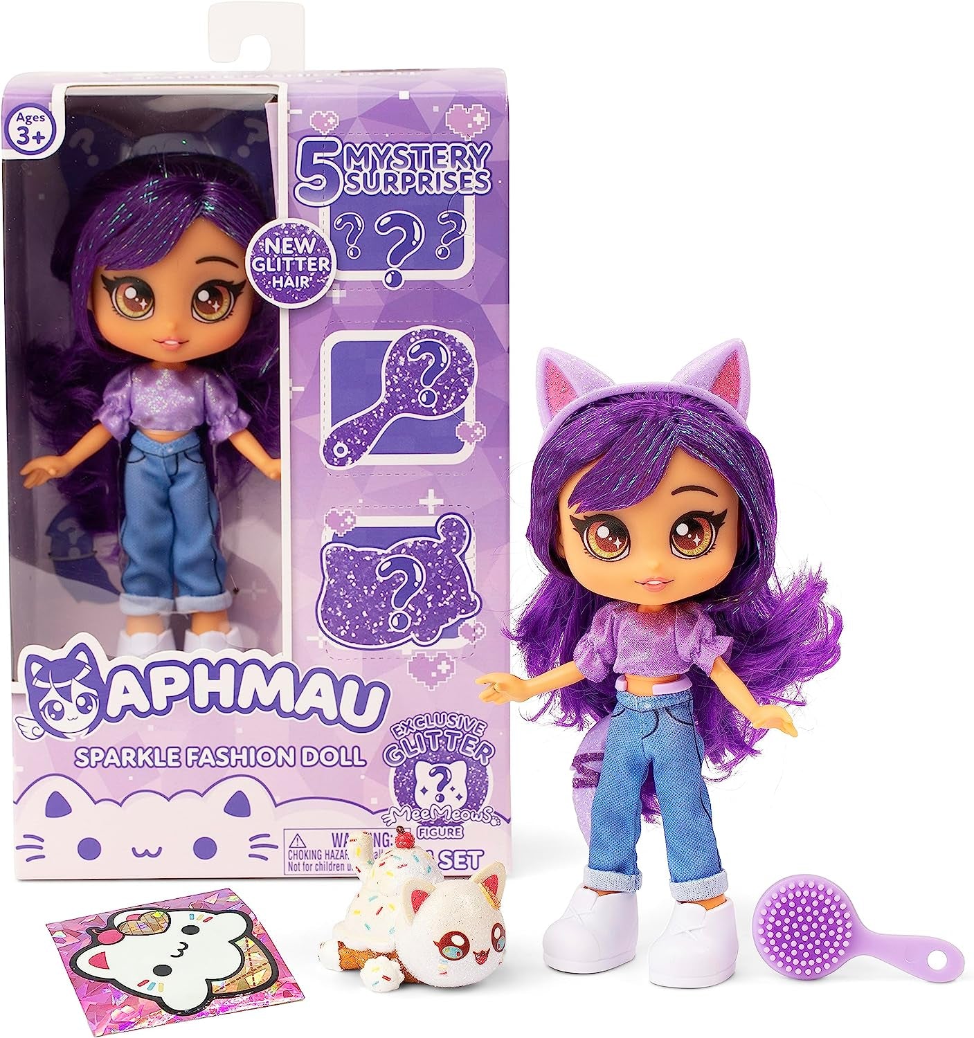 Aphmau Fashion Doll & Accessories Sparkle Edition, 5 Mystery Surprise Toys, Exclusive Glitter Meemeows Mini Figure, Official Merch, 7 Inch