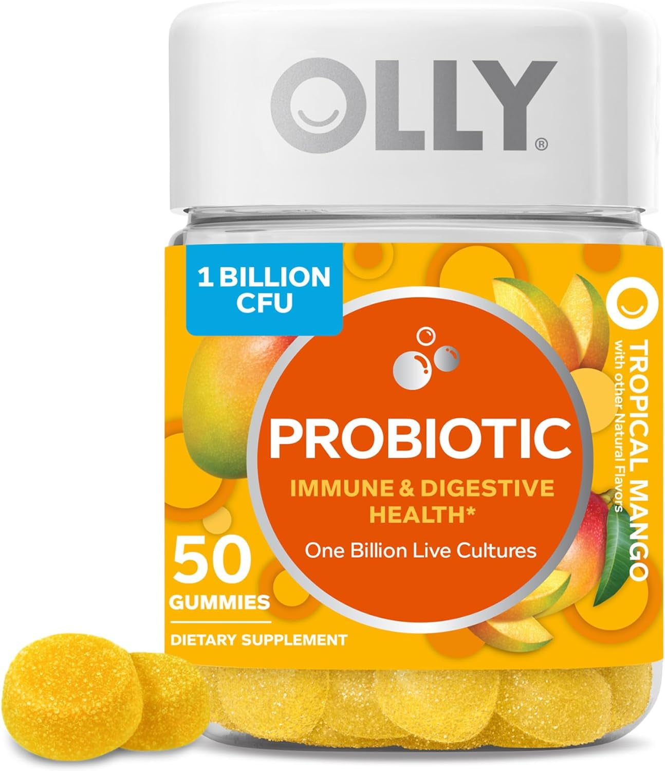 OLLY Probiotic Gummy, Immune and Digestive Support, 1 Billion Cfus, Chewable Probiotic Supplement, Mango, 25 Day Supply - 50 Count