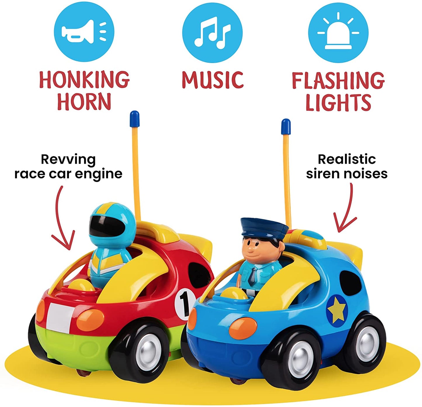 2 Pack Cartoon Remote Control Cars - Police Car and Race Car - Radio Control Toys for Kids, Boys & Girls - Each with Different Frequencies so Both Can Race Together - Gifts for Toddler Boys 18+ Months