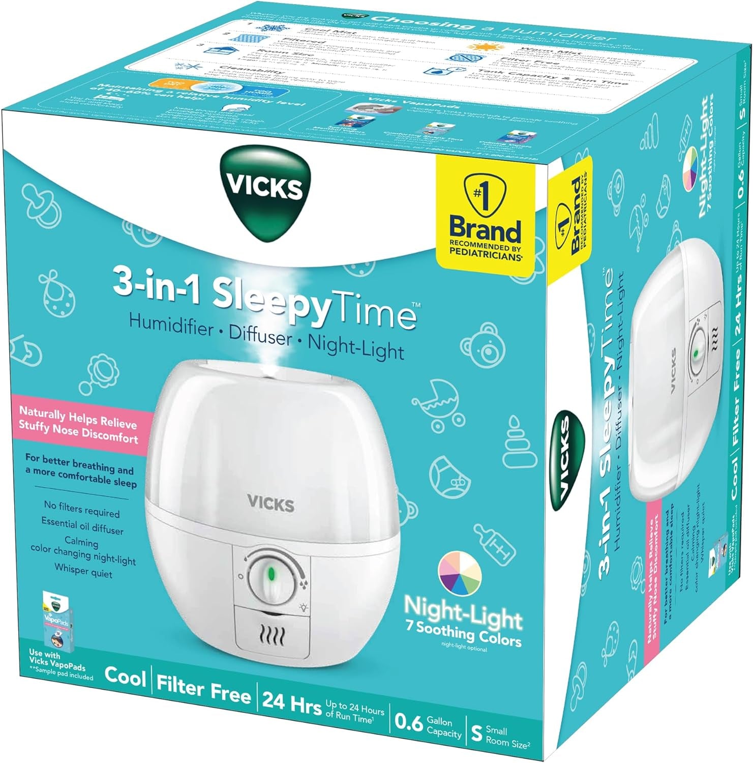 Vicks 3-In-1 Sleepytime Humidifier, 1 Brand Recommended by Pediatricians*. Cool Mist Humidifier with Night-Light, and Essential Oil Diffuser for Baby and Kids Rooms. Visible Cool Mist, White.