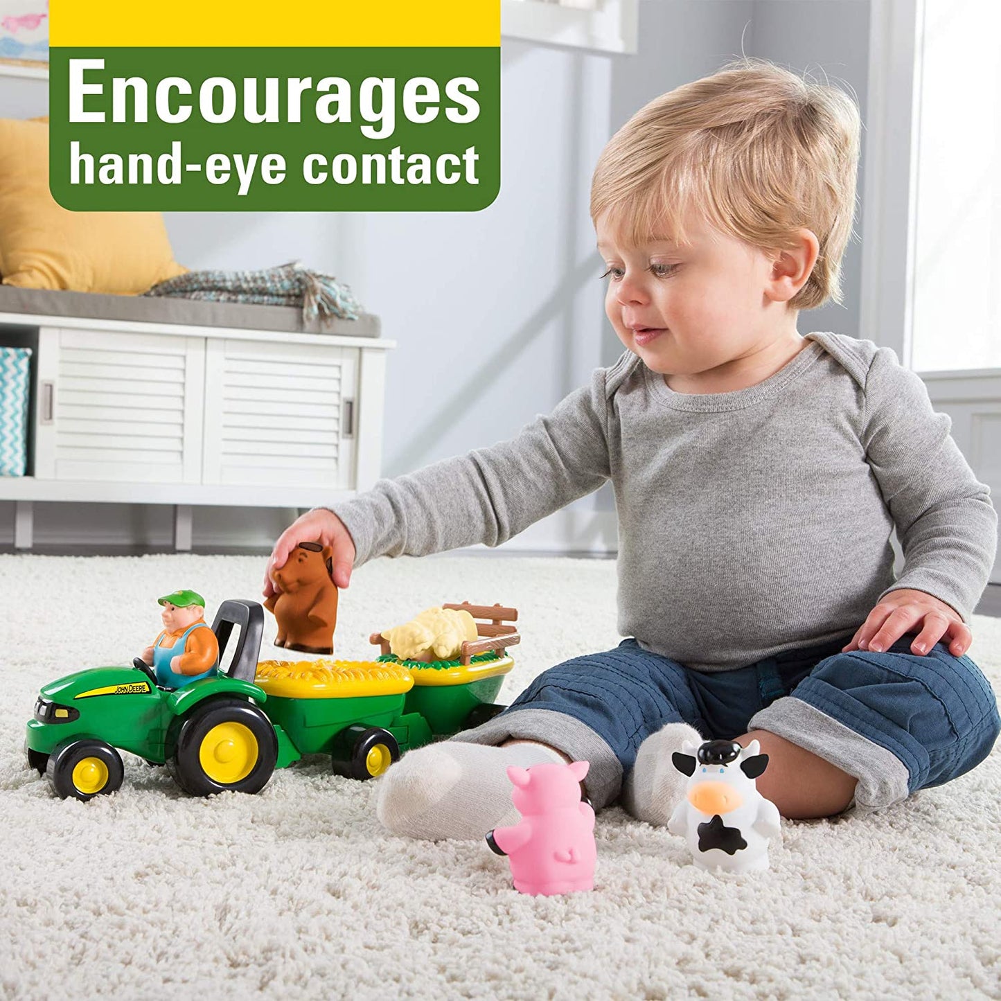 John Deere Animal Sounds Hayride Musical Tractor Toy - Musical Hayride Toddler Toys - Includes Farmer Figure, Tractor, and 4 Farm Animals - Easter Basket Stuffers for Toddler - Ages 12 Months and Up