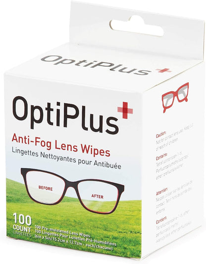 Optiplus anti Fog Pre-Moistened Cleaning Wipes for Glasses, Screens, Lenses - Quick-Dry, Scratch-Free, 100 Count