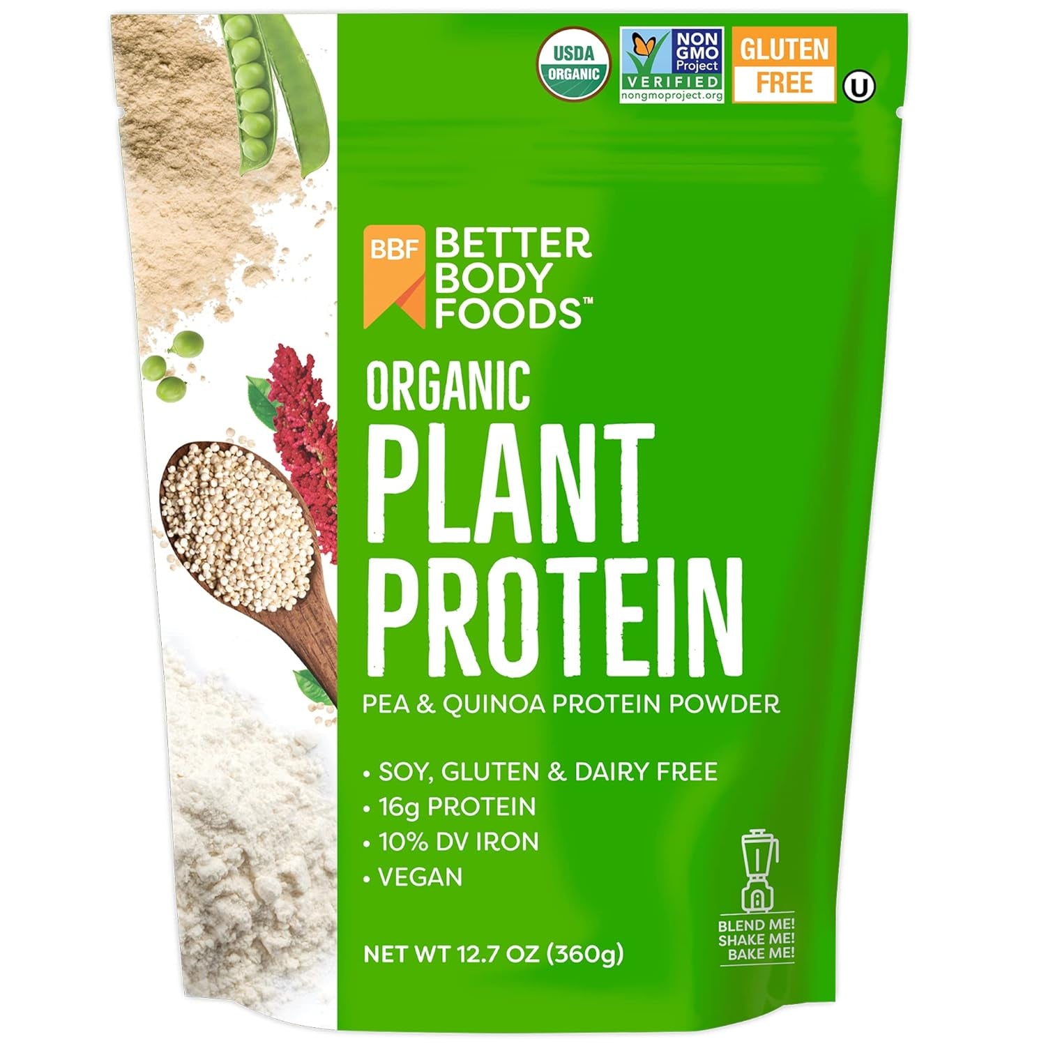 Betterbody Foods Organic Plant Based Protein Powder, - 16G of Protein, Vegan, Low Net Carbs, Gluten Free, Dairy Free, No Sugar Added, Soy Free, Non-Gmo, 12.7 Ounces