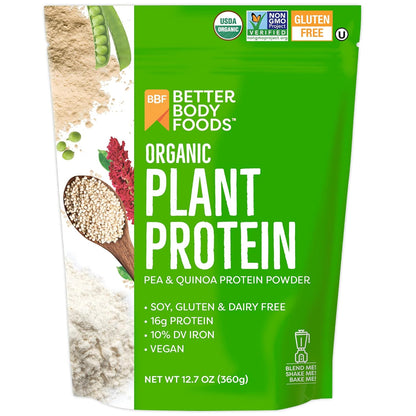 Betterbody Foods Organic Plant Based Protein Powder, - 16G of Protein, Vegan, Low Net Carbs, Gluten Free, Dairy Free, No Sugar Added, Soy Free, Non-Gmo, 12.7 Ounces