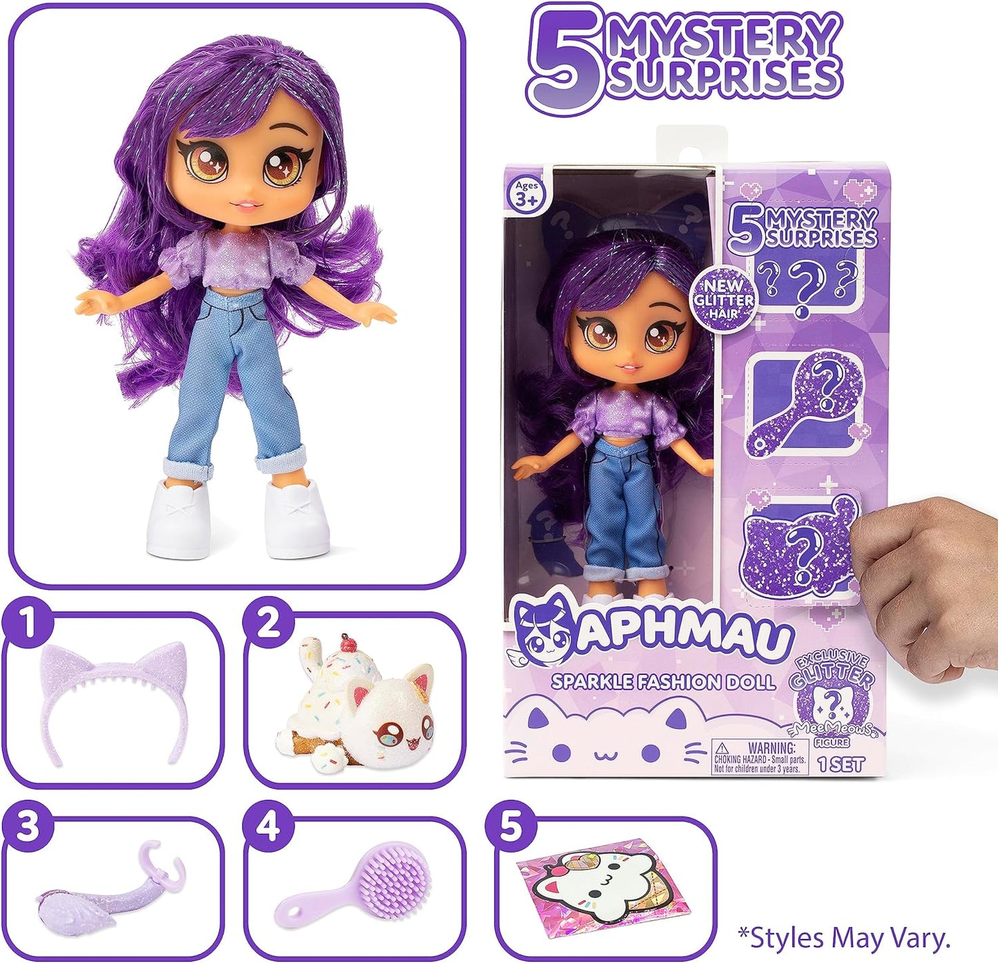 Aphmau Fashion Doll & Accessories Sparkle Edition, 5 Mystery Surprise Toys, Exclusive Glitter Meemeows Mini Figure, Official Merch, 7 Inch