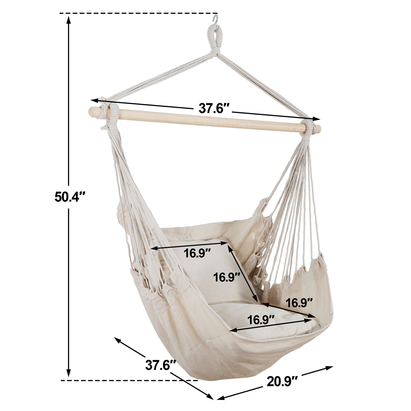 Beige Hammock Chair Swing Hanging Rope Net Chair Porch Patio with 2 Cushions