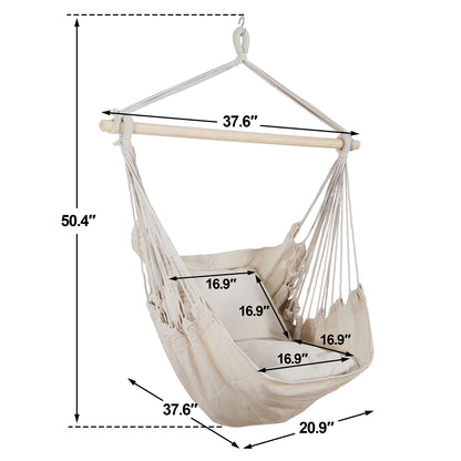 Beige Hammock Chair Swing Hanging Rope Net Chair Porch Patio with 2 Cushions