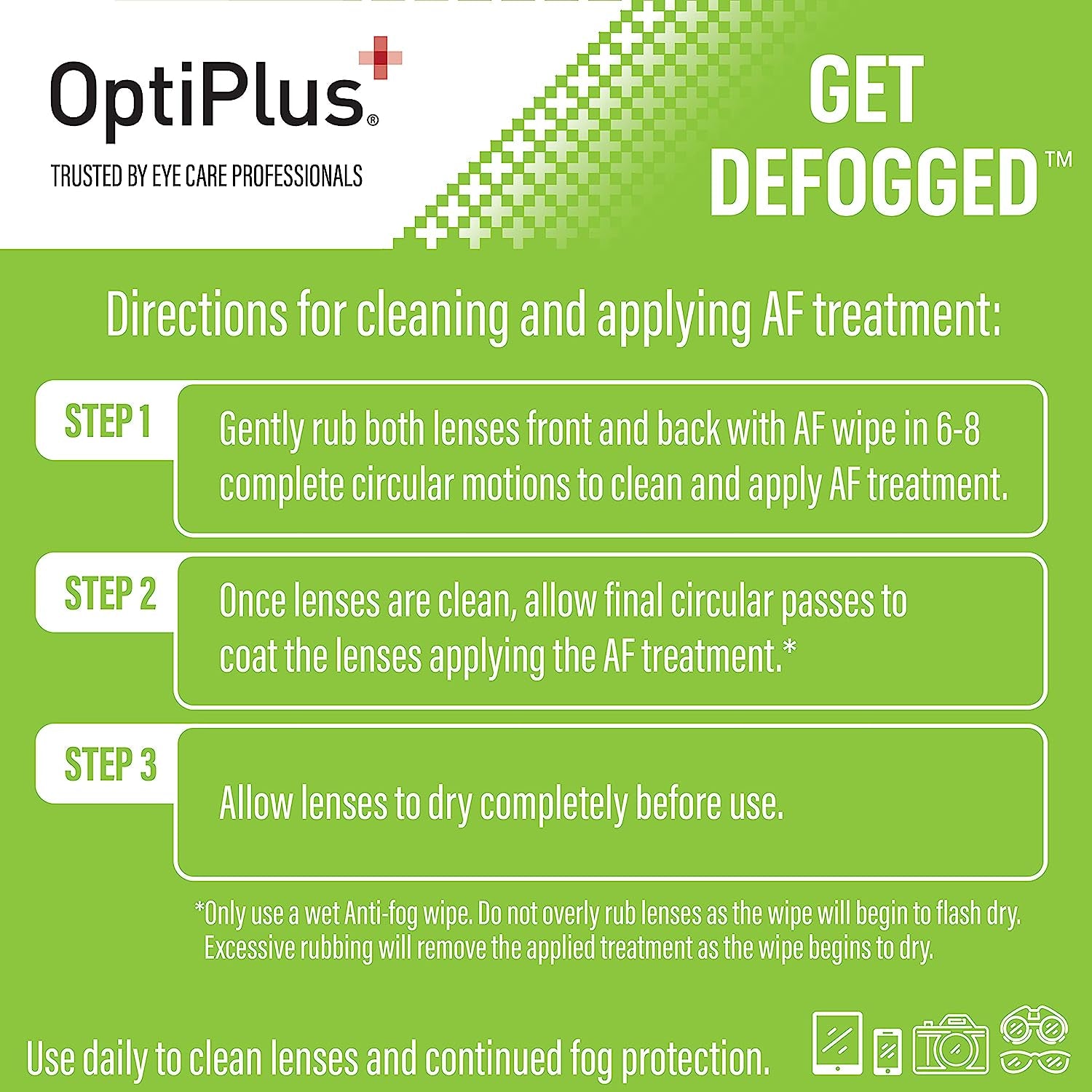 Optiplus anti Fog Pre-Moistened Cleaning Wipes for Glasses, Screens, Lenses - Quick-Dry, Scratch-Free, 100 Count