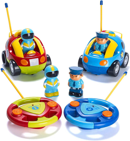 2 Pack Cartoon Remote Control Cars - Police Car and Race Car - Radio Control Toys for Kids, Boys & Girls - Each with Different Frequencies so Both Can Race Together - Gifts for Toddler Boys 18+ Months