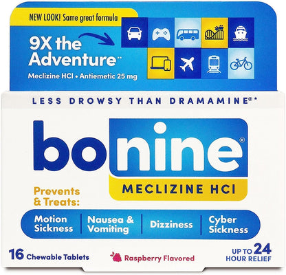 Non-Drowsy Bonine for Motion Sickness Relief, Sea Sickness, Car Sickness, Nausea and Vomiting, with Meclizine Hcl 25Mg, Raspberry, Travel-Sized 16Ct (Packaging May Vary)