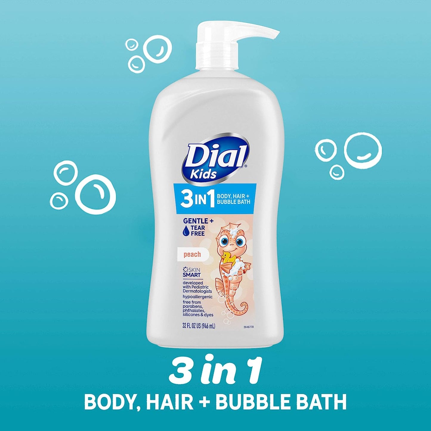 Dial Kids 3-In-1 Body+Hair+Bubble Bath, Peach, 32 Fl Oz