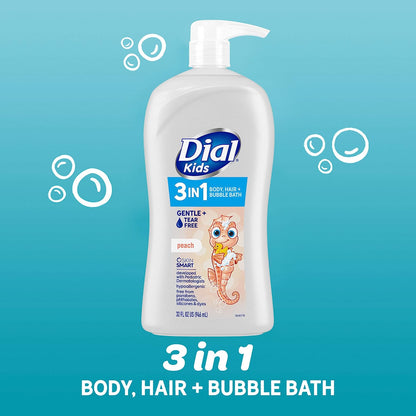 Dial Kids 3-In-1 Body+Hair+Bubble Bath, Peach, 32 Fl Oz