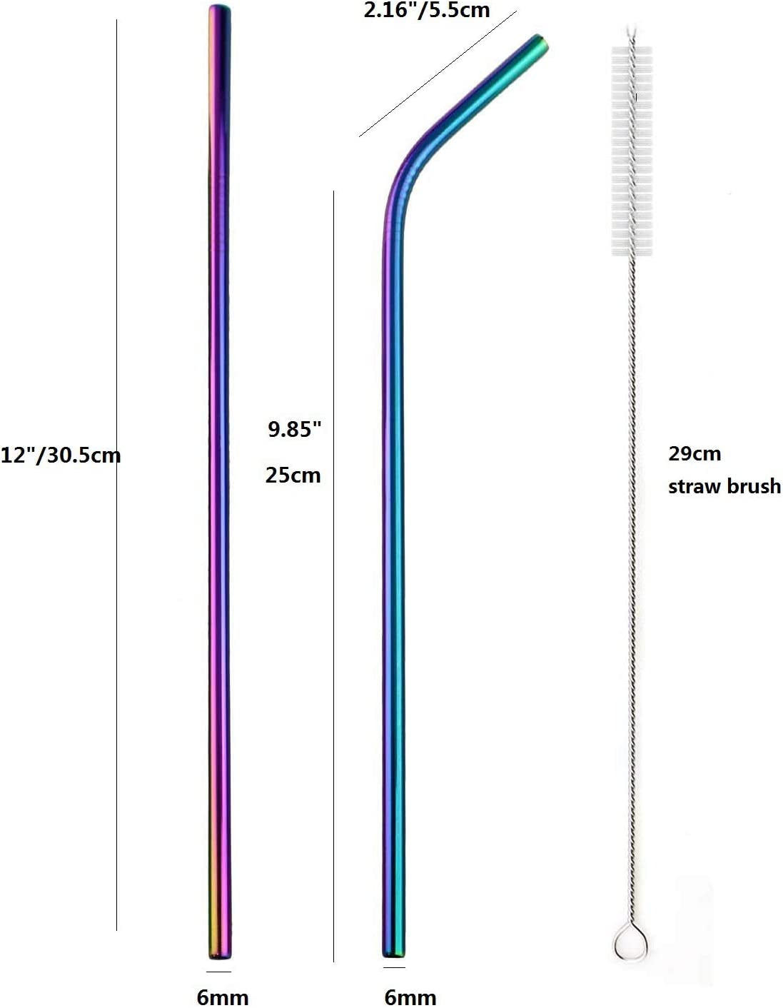 12 Inch Colorful Stainless Steel Straws, 8Pcs Ultra Long Reusable Rainbow Color Metal Drinking Straws with Silicone Tips and Cleaning Brush for Big Tumblers