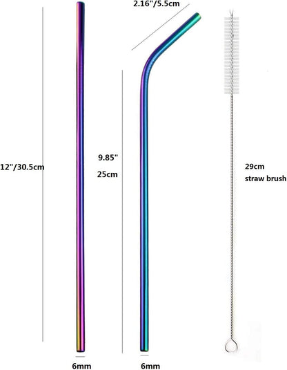 12 Inch Colorful Stainless Steel Straws, 8Pcs Ultra Long Reusable Rainbow Color Metal Drinking Straws with Silicone Tips and Cleaning Brush for Big Tumblers