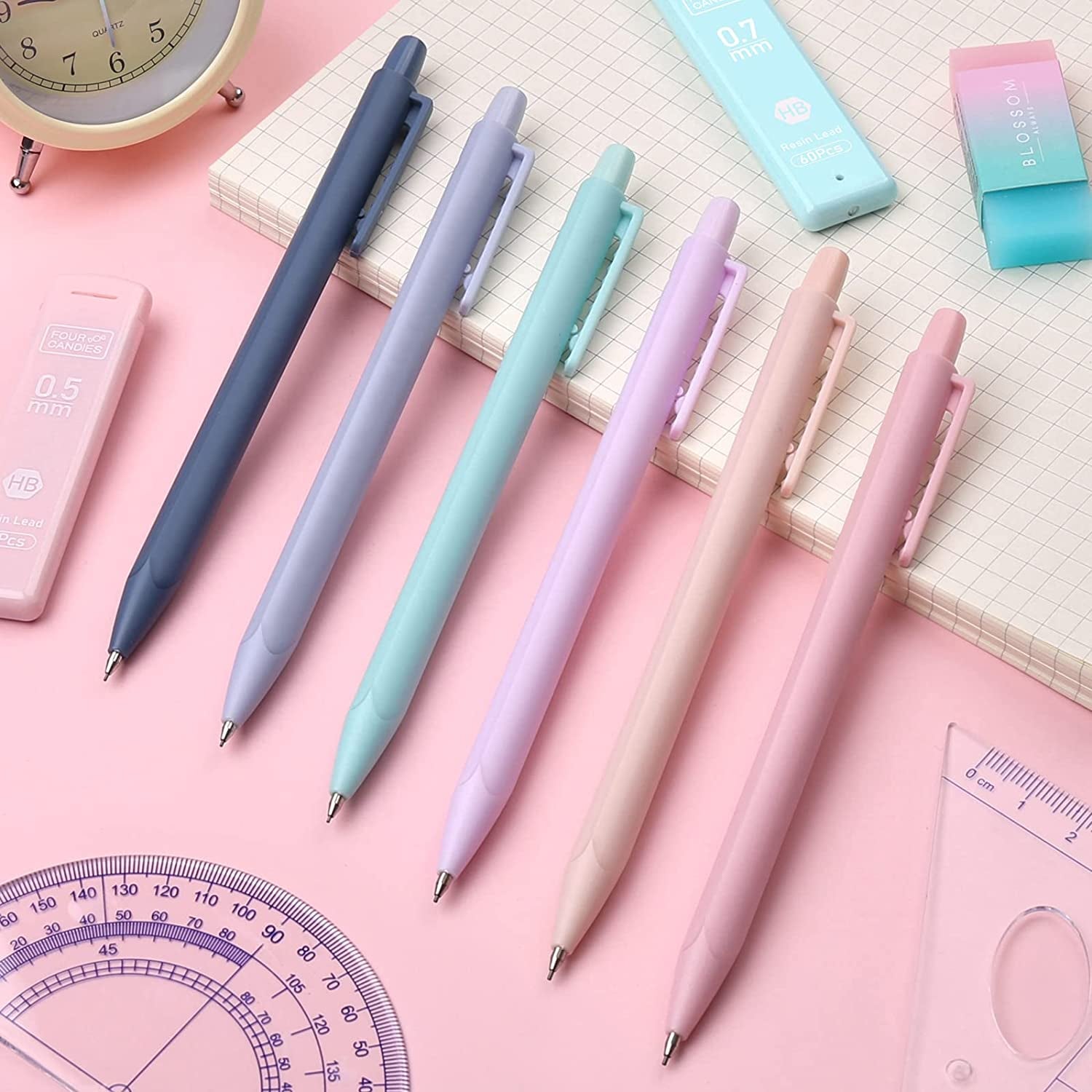 Four Candies Cute Mechanical Pencil Set, 6PCS Pastel Pencils 0.5Mm & 0.7Mm with 360PCS HB Pencil Leads, 3PCS Erasers and 9PCS Eraser Refills, Aesthetic Mechanical Pencils for Girls Writing