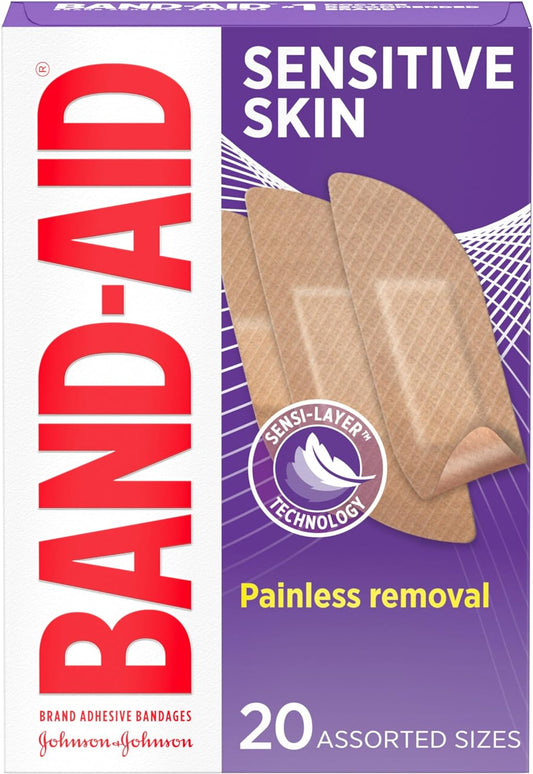 Band-Aid Brand Adhesive Bandages for Sensitive Skin, Hypoallergenic First Aid Bandages with Painless Removal, Stays on When Wet & Suitable for Eczema Prone Skin, Sterile, Assorted, 20 Ct