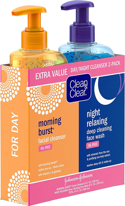 Clean & Clear 2-Pack of Day & Night Face Wash with Citrus Morning Burst Facial Cleanser with Vitamin C + Cucumber and Night Relaxing Face Wash, Oil-Free Facial Cleanser, Hypoallergenic Face Wash