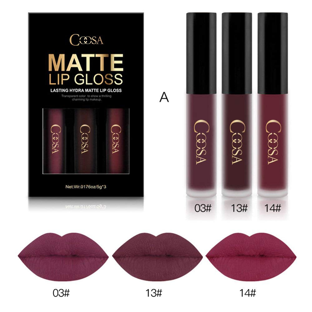 COOSA 3PCS of 3 Colors Madly MATTE Lipstick Non-Stick Cup Waterproof Lipgloss-Set A