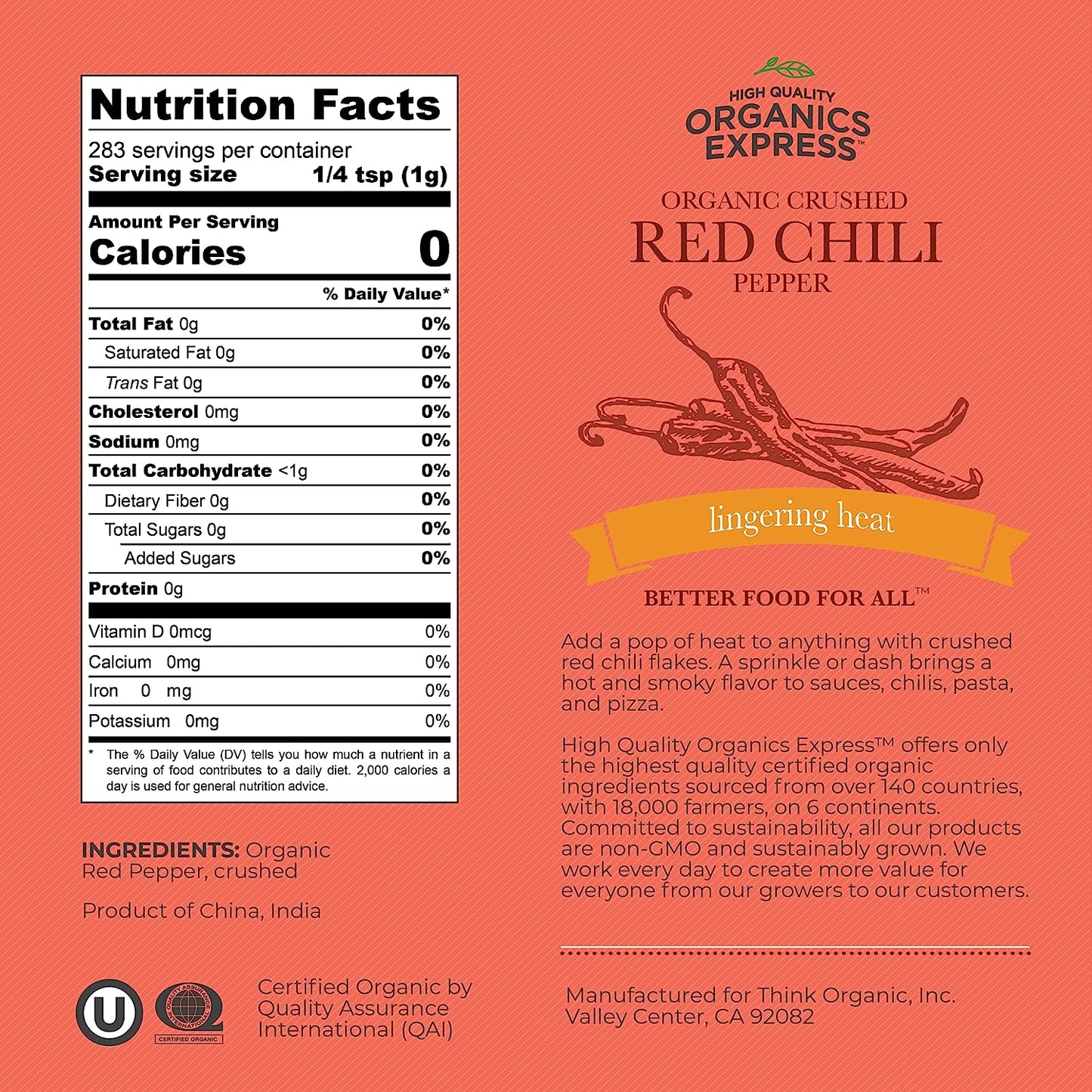 Hqoexpress Organic Red Chili Pepper Crushed – Non GMO, Kosher, USDA Certified Organic Chili Flakes – Hot and Spicy Seasoning for Soups, Chilis, Marinades and Stir Fries, 10 Oz. Chef Jar