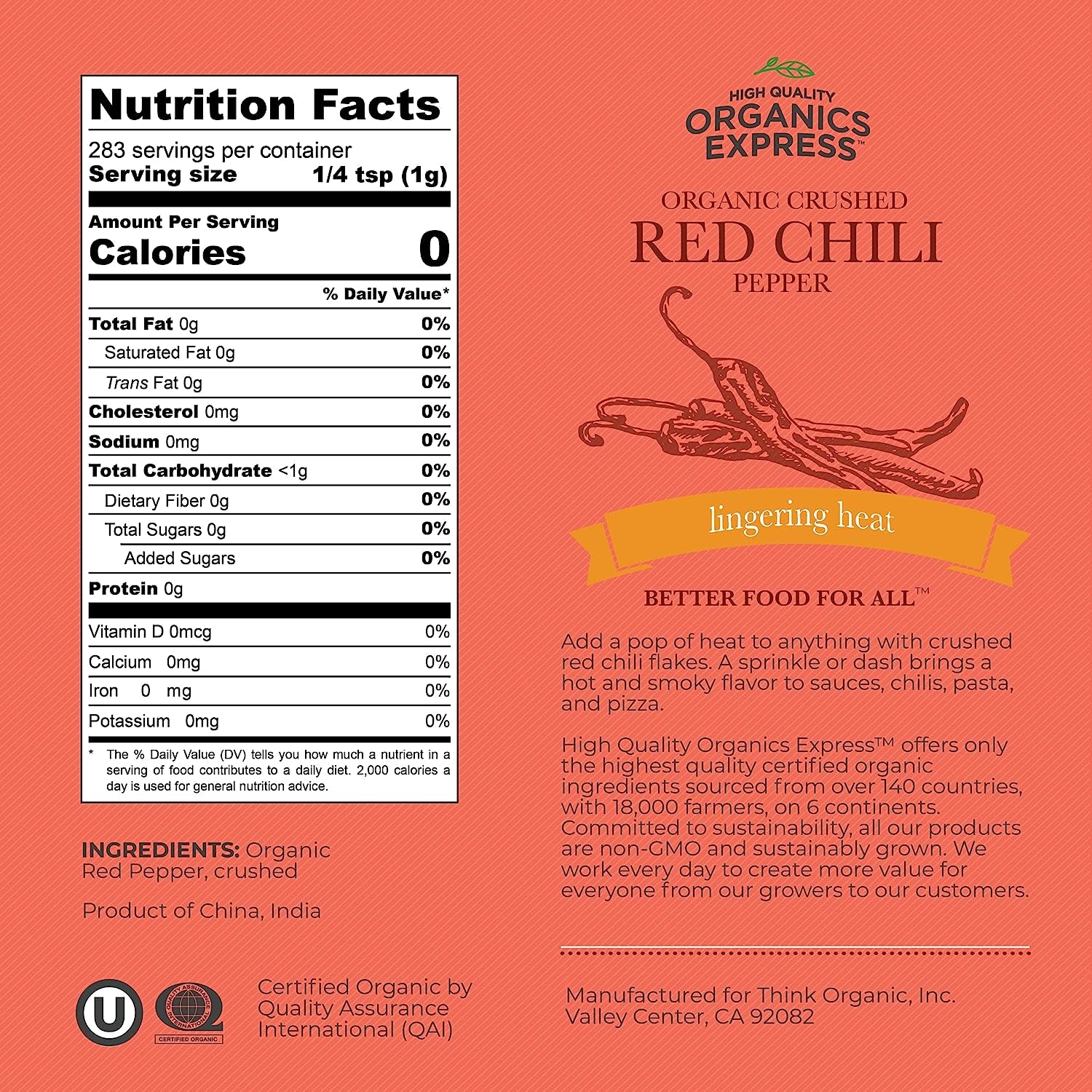 Hqoexpress Organic Red Chili Pepper Crushed – Non GMO, Kosher, USDA Certified Organic Chili Flakes – Hot and Spicy Seasoning for Soups, Chilis, Marinades and Stir Fries, 10 Oz. Chef Jar