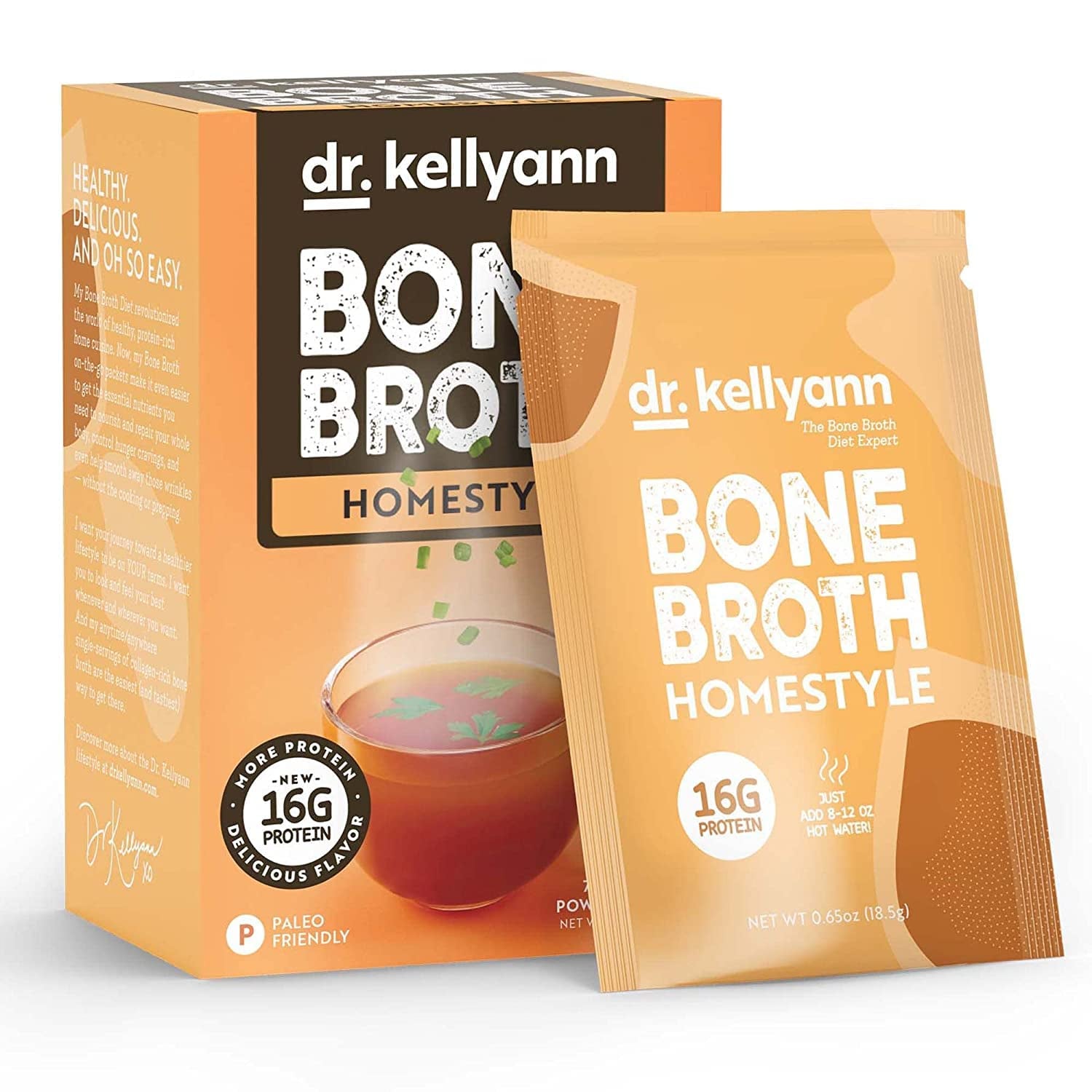 Dr. Kellyann Bone Broth Packets, Original Homestyle Flavor - 7 Servings, Chicken Broth with 100% Grass-Fed Hydrolyzed Collagen Peptides Powder, 16G Protein, Keto and Paleo Diet Friendly