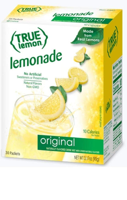 TRUE LEMON Original Lemonade Drink Mix| Made from Real Lemon | No Preservatives, No Artificial Sweeteners, Gluten Free | Water Flavor Packets & Water Enhancer with Stevia 30 Count (Pack of 1)